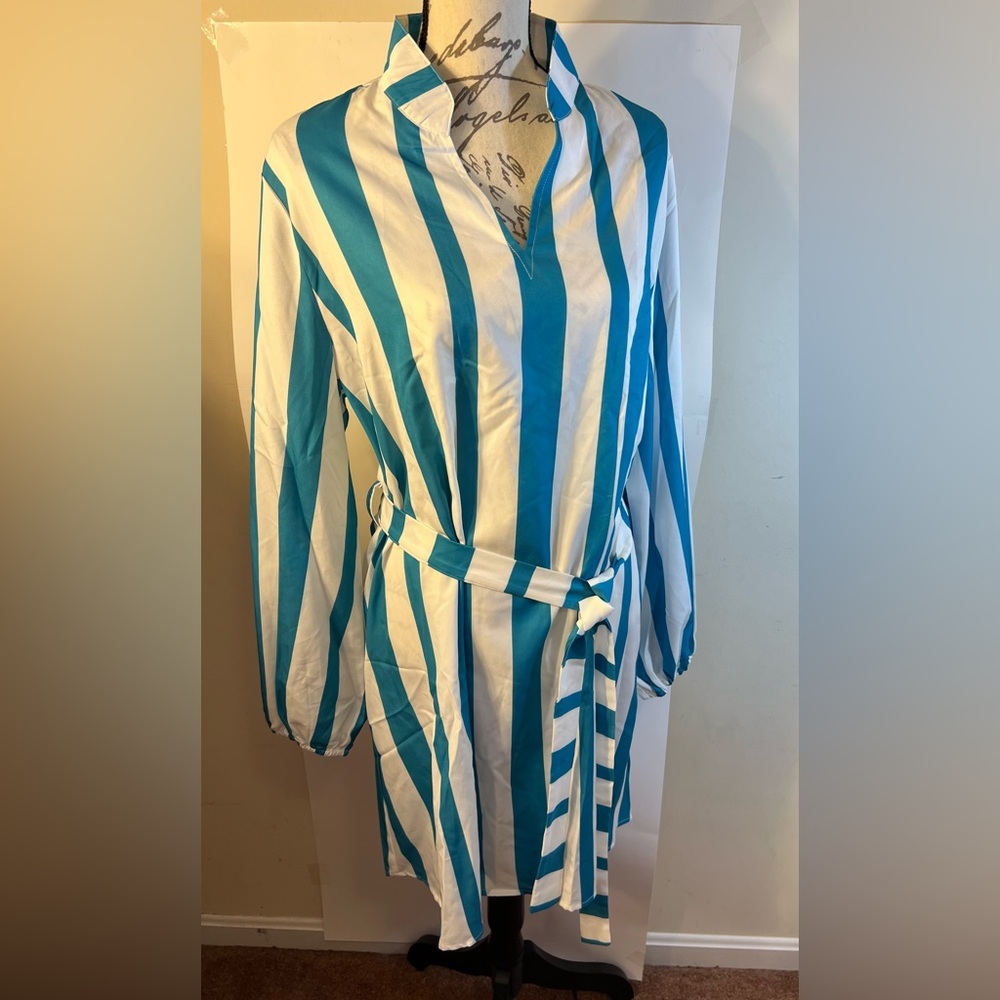 Women’s plus size teal blue & white striped belted long sleeve shirt dress  XXL